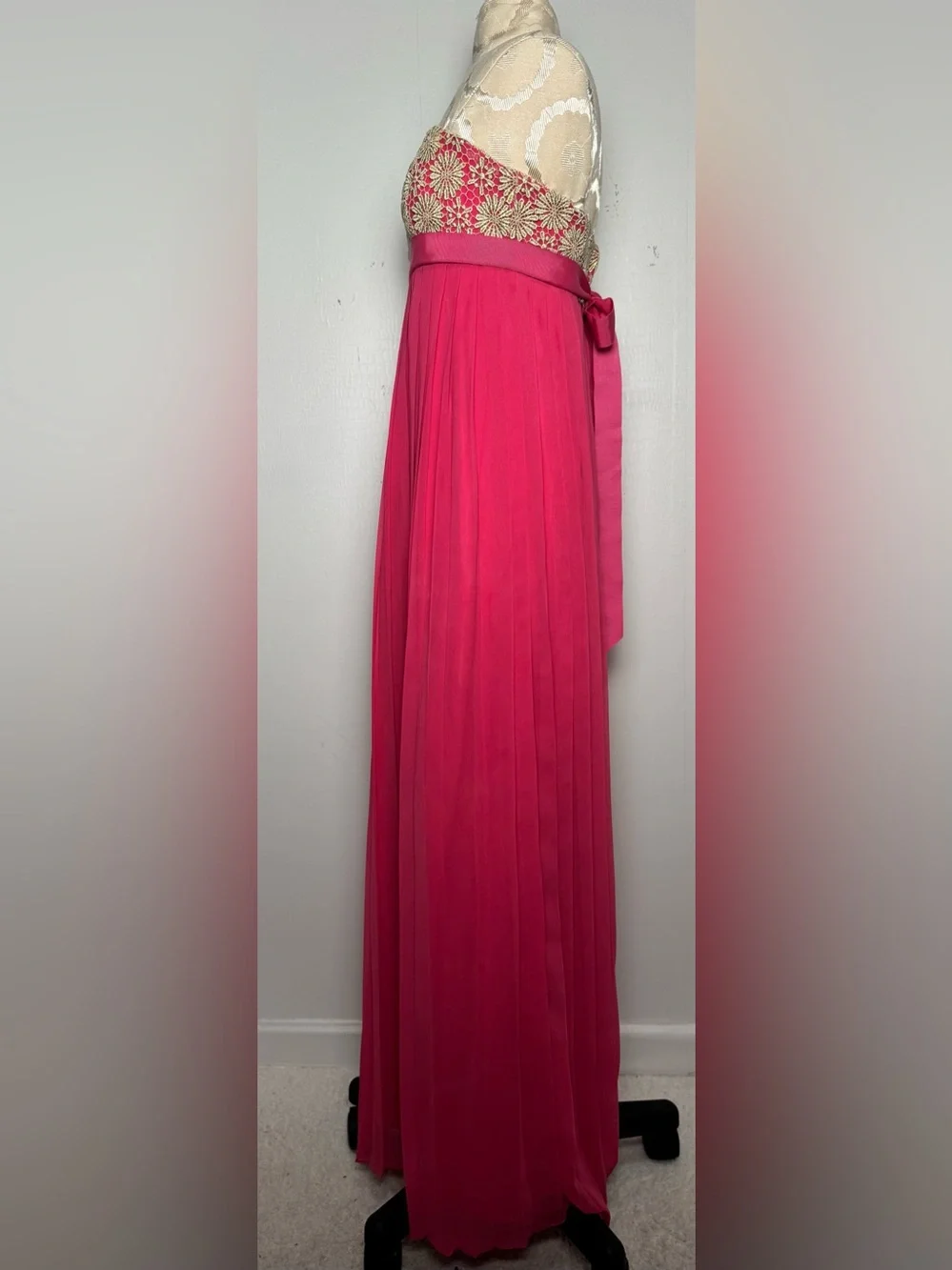 Lilly Pulitzer Pink Pleated Strapless Gold Lace Formal Gown Sz S - Picture 7 of 16